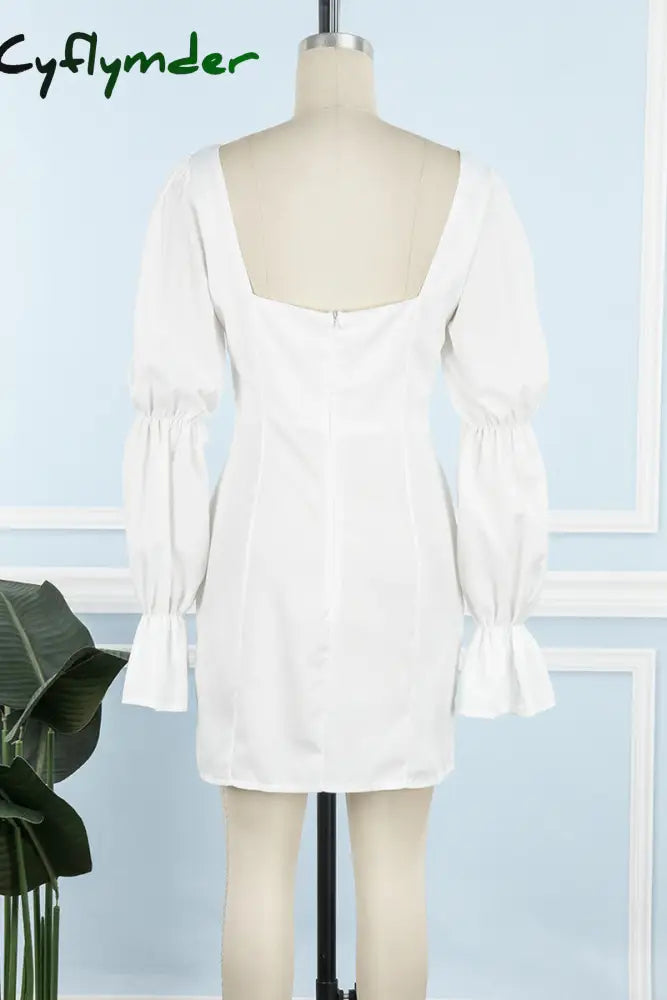 Cyflymder - White Casual Solid Frenulum Square Collar Long Sleeve Dresses