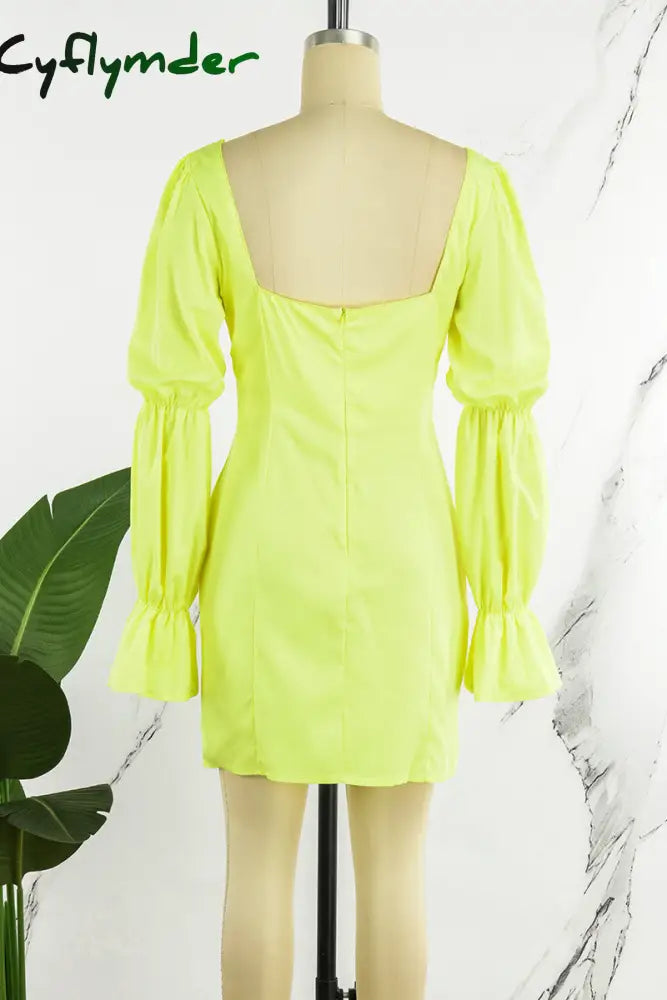 Cyflymder - White Casual Solid Frenulum Square Collar Long Sleeve Dresses