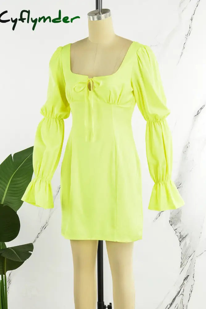 Cyflymder - White Casual Solid Frenulum Square Collar Long Sleeve Dresses