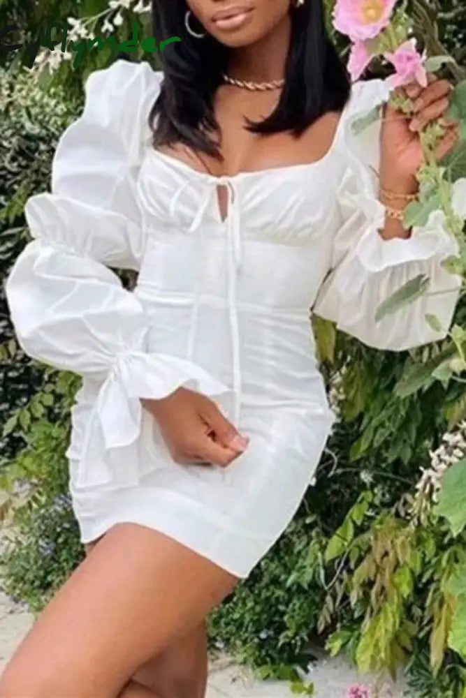 Cyflymder - White Casual Solid Frenulum Square Collar Long Sleeve Dresses
