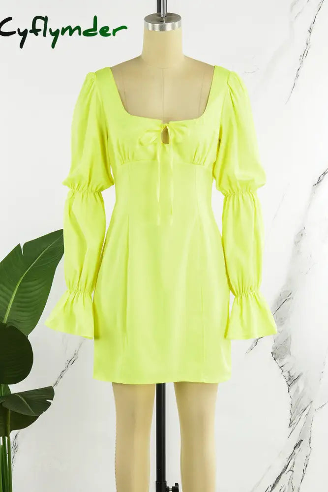 Cyflymder - White Casual Solid Frenulum Square Collar Long Sleeve Dresses