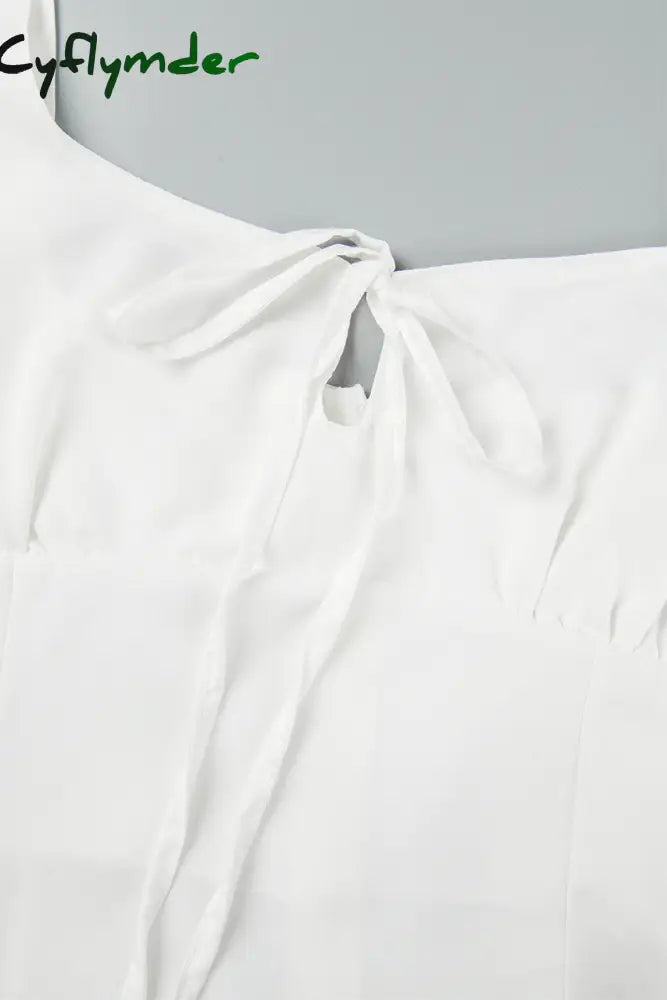 Cyflymder - White Casual Solid Frenulum Square Collar Long Sleeve Dresses