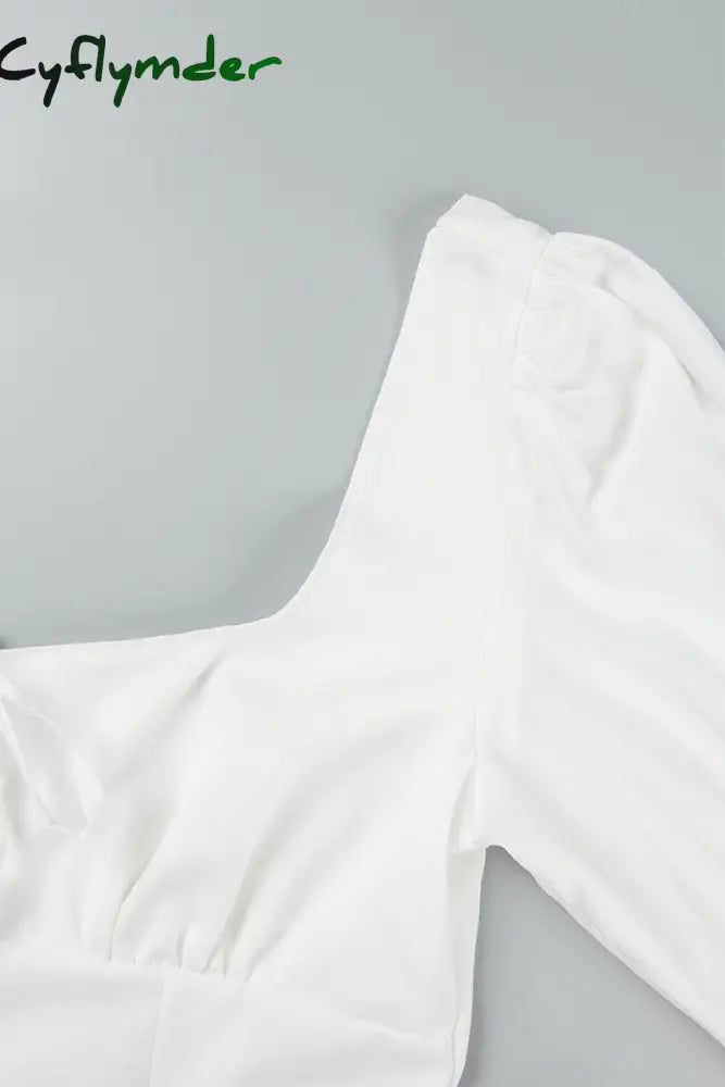 Cyflymder - White Casual Solid Frenulum Square Collar Long Sleeve Dresses