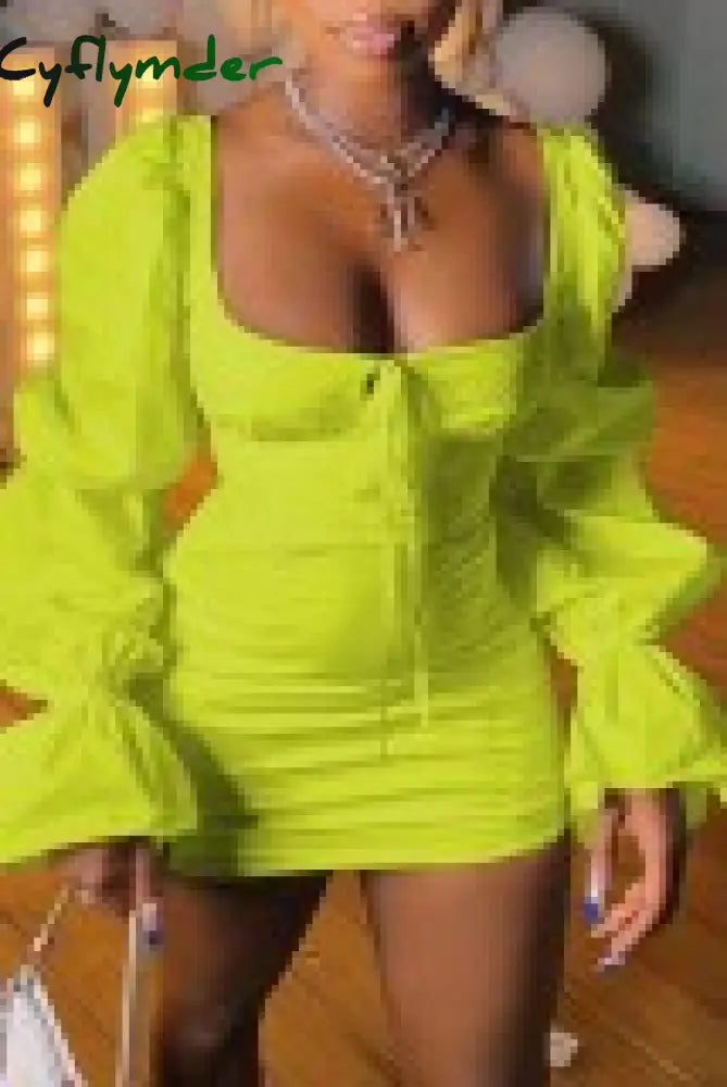 Cyflymder - White Casual Solid Frenulum Square Collar Long Sleeve Dresses Yellow / Xs