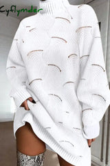 Cyflymder - White Casual Solid Hollowed Out Turtleneck Long Sleeve Dresses