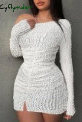 Cyflymder - White Casual Solid Patchwork Oblique Collar Long Sleeve Dresses / S