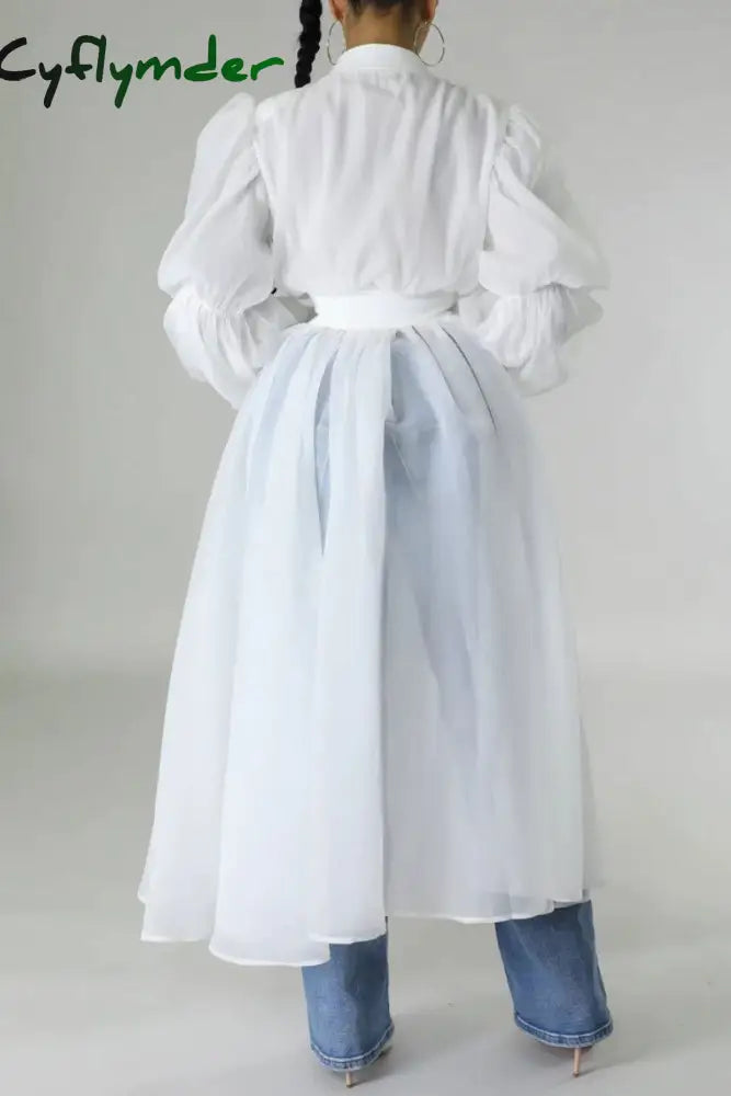 Cyflymder - White Casual Solid Patchwork U Neck Long Sleeve Dresses