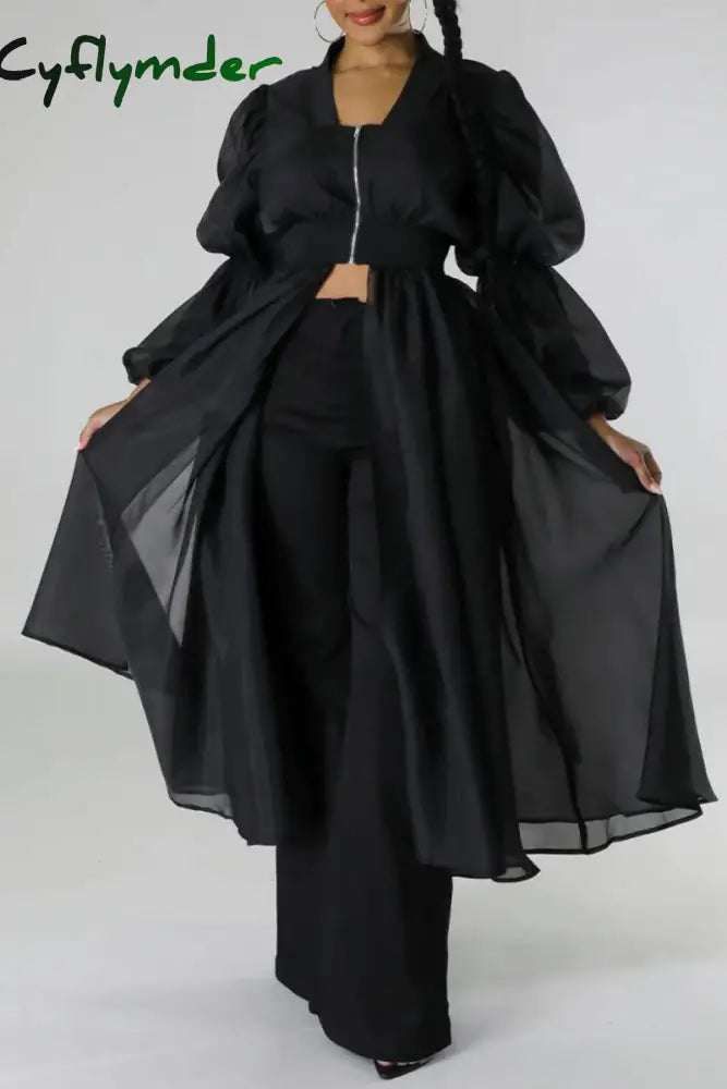 Cyflymder - White Casual Solid Patchwork U Neck Long Sleeve Dresses Black / S
