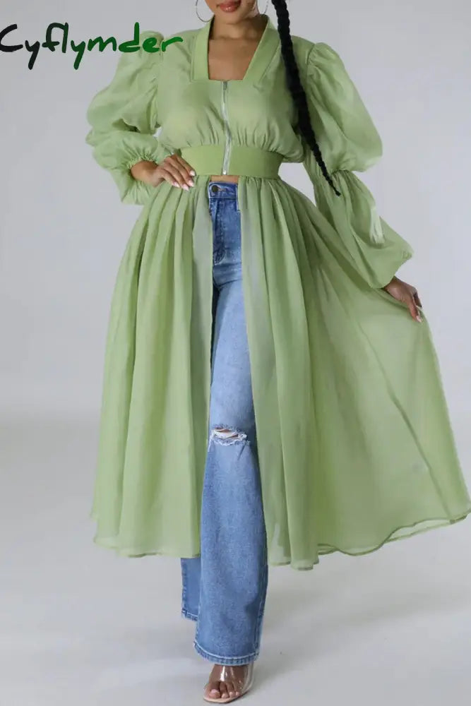 Cyflymder - White Casual Solid Patchwork U Neck Long Sleeve Dresses Light Green / S