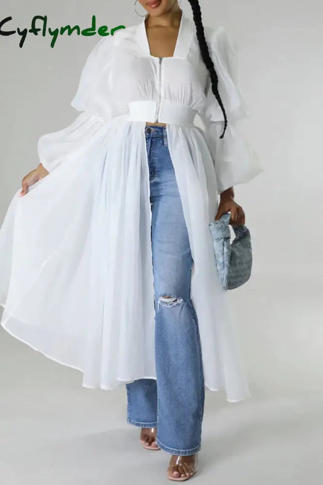 Cyflymder - White Casual Solid Patchwork U Neck Long Sleeve Dresses / S