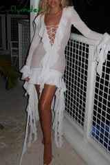 Cyflymder - White Casual Solid Tassel See-Through V Neck Wrapped Skirt Dresses