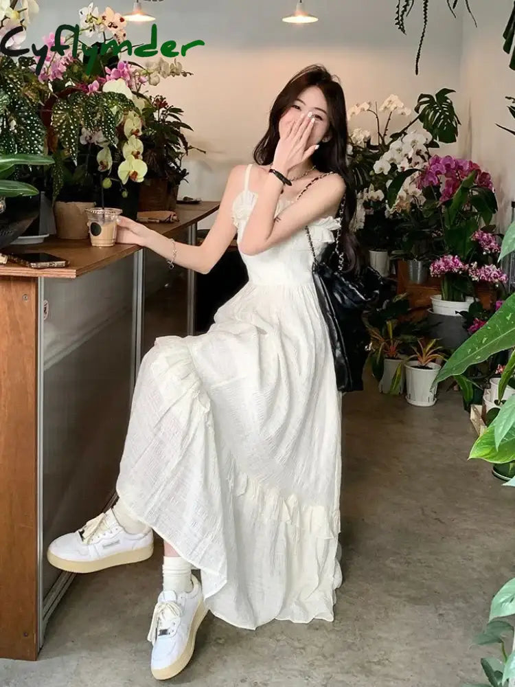 Cyflymder White Dress Women Sweet Ruffles Summer Sleeveless Princess Aesthetic A-Line Sundress