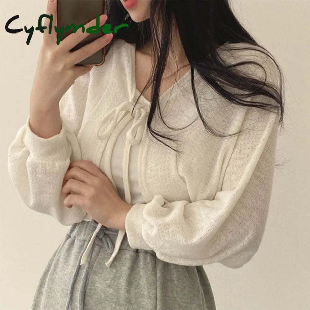 Cyflymder White Knitted Cardigan Women Summer Thin Sunscreen Lace-Up Knitwear Tops Female Korean