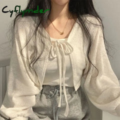 Cyflymder White Knitted Cardigan Women Summer Thin Sunscreen Lace-Up Knitwear Tops Female Korean