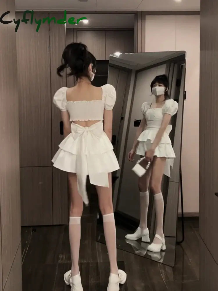 Cyflymder White Sexy Backless Mini Dress Women Korean Fashion Casual Elegant Party Female Ruffle