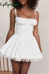 Cyflymder - White Sexy Casual Solid Backless Square Collar Sling Dress Dresses / S