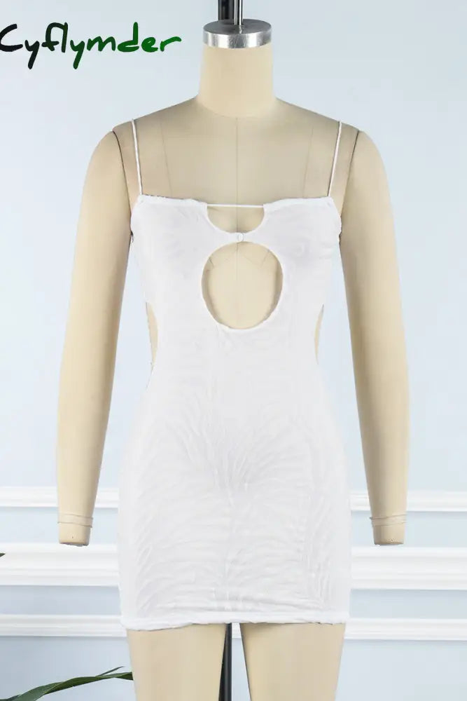 Cyflymder - White Sexy Striped Hollowed Out Backless Spaghetti Strap Sleeveless Dress Dresses