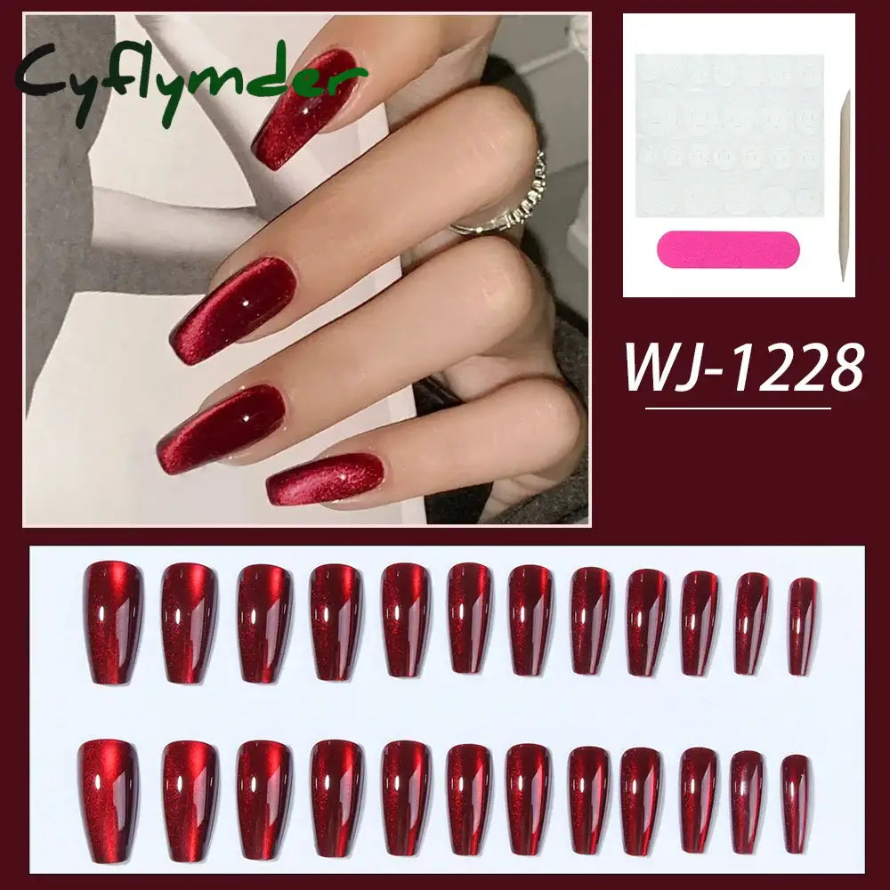 Cyflymder Wine Red Nails Medium Almond Fake Nails Glossy Full Cover Solid Color False Nails Women Girls including1