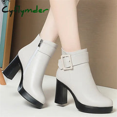 Cyflymder Winter Black Thick High Heel Ankle Boots Women Keep Warm Fashion Elegant Short Buckle Decoration Leather Boots