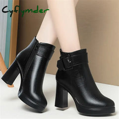 Cyflymder Winter Black Thick High Heel Ankle Boots Women Keep Warm Fashion Elegant Short Buckle Decoration Leather Boots