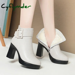 Cyflymder Winter Black Thick High Heel Ankle Boots Women Keep Warm Fashion Elegant Short Buckle Decoration Leather Boots