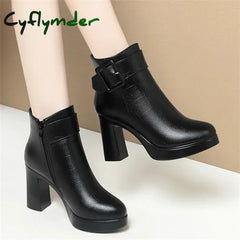 Cyflymder Winter Black Thick High Heel Ankle Boots Women Keep Warm Fashion Elegant Short Buckle Decoration Leather Boots