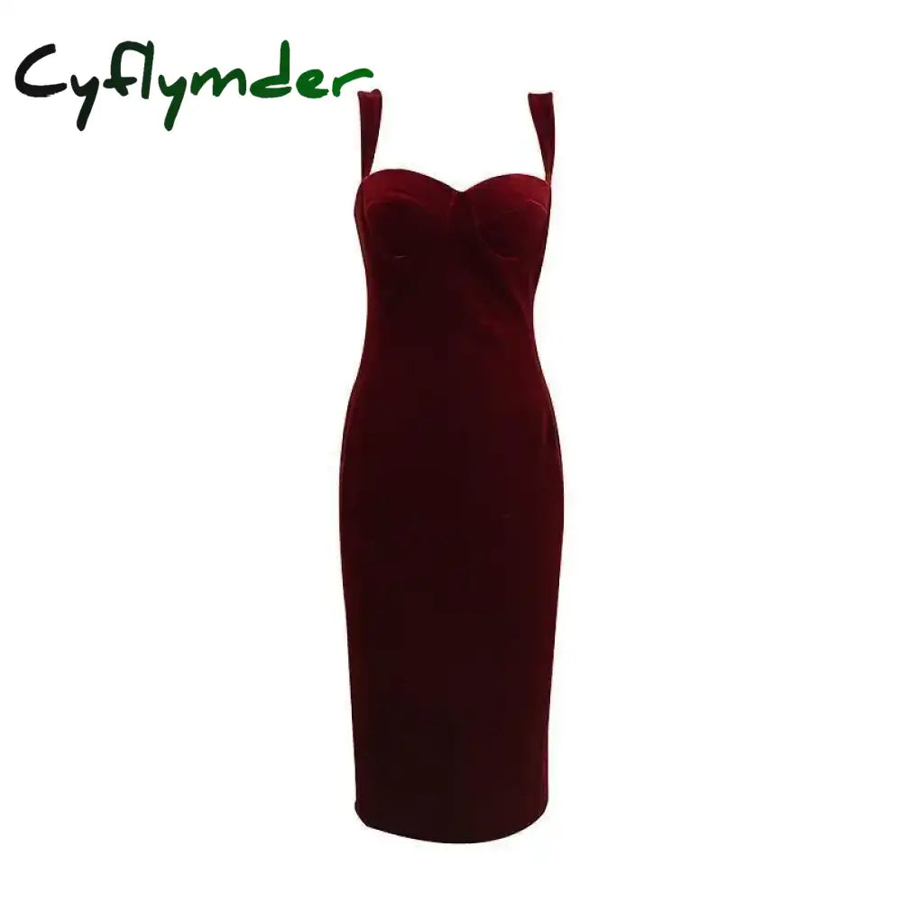 Cyflymder winter club outfits Burgundy Velvet Party Dresses for Women Sheath Slim Sexy Sleeveless Midi Elegant Vestidos