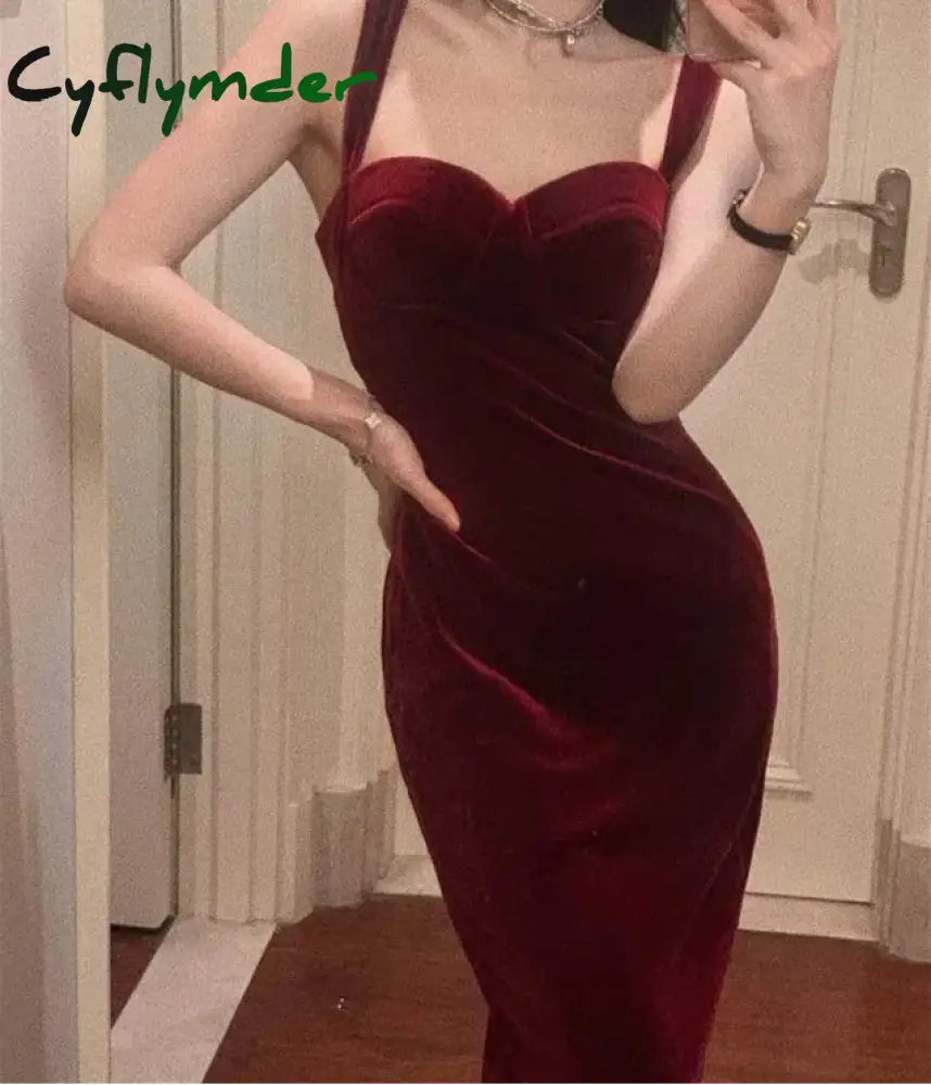 Cyflymder winter club outfits Burgundy Velvet Party Dresses for Women Sheath Slim Sexy Sleeveless Midi Elegant Vestidos