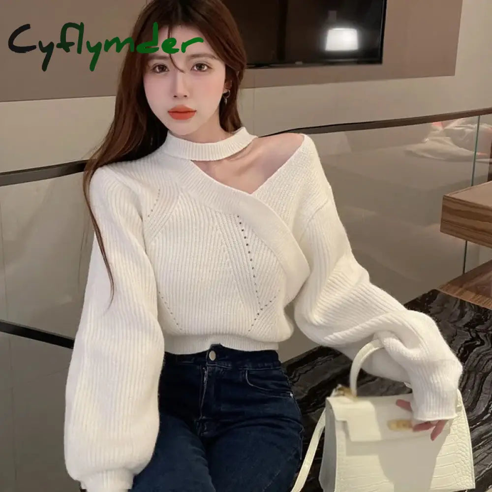 Cyflymder winter club outfits Women Christmas Sweater Autumn Winter Long Sleeved Sweater Warm V-neck Off Shoulder