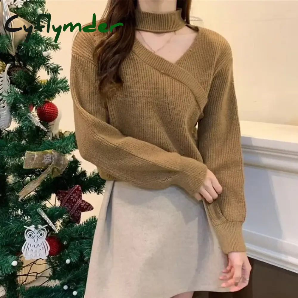 Cyflymder winter club outfits Women Christmas Sweater Autumn Winter Long Sleeved Sweater Warm V-neck Off Shoulder K