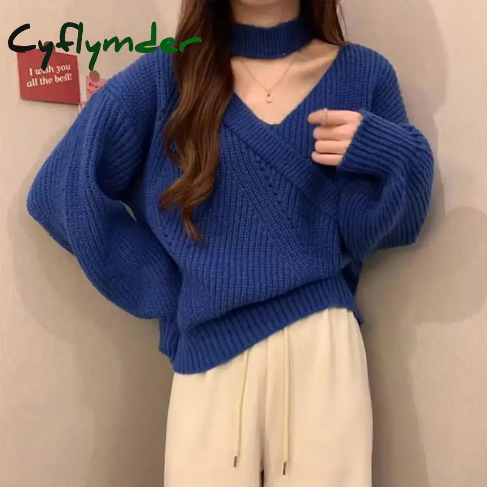 Cyflymder winter club outfits Women Christmas Sweater Autumn Winter Long Sleeved Sweater Warm V-neck Off Shoulder L