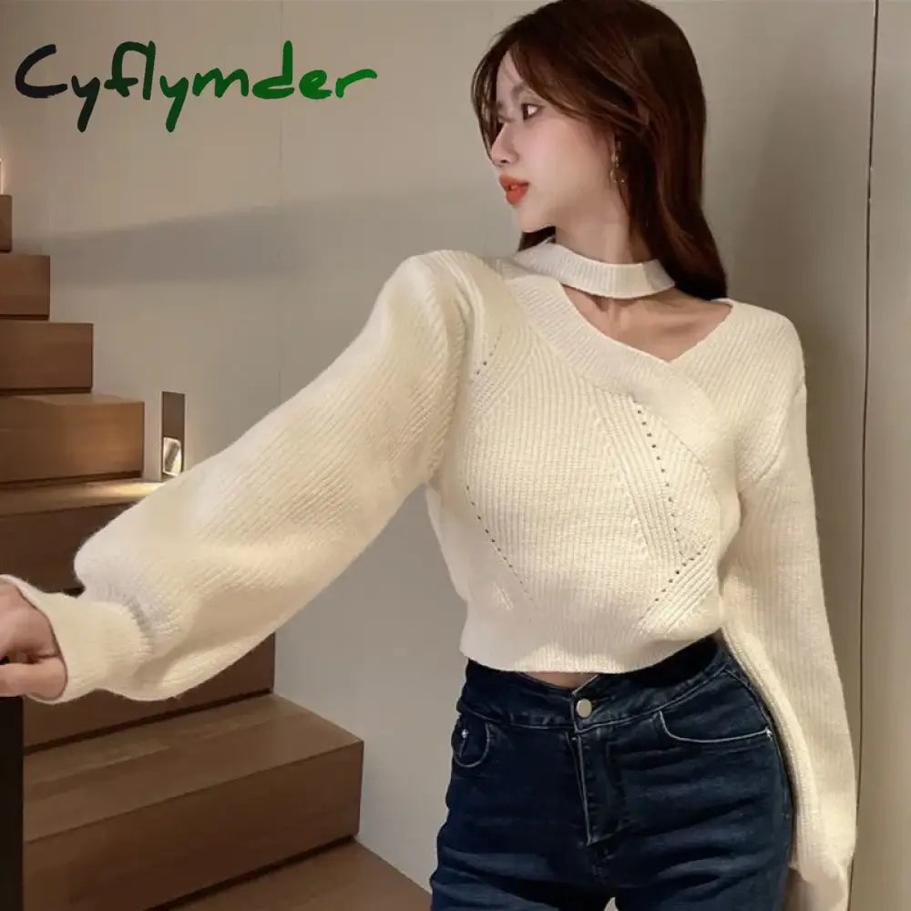 Cyflymder winter club outfits Women Christmas Sweater Autumn Winter Long Sleeved Sweater Warm V-neck Off Shoulder W