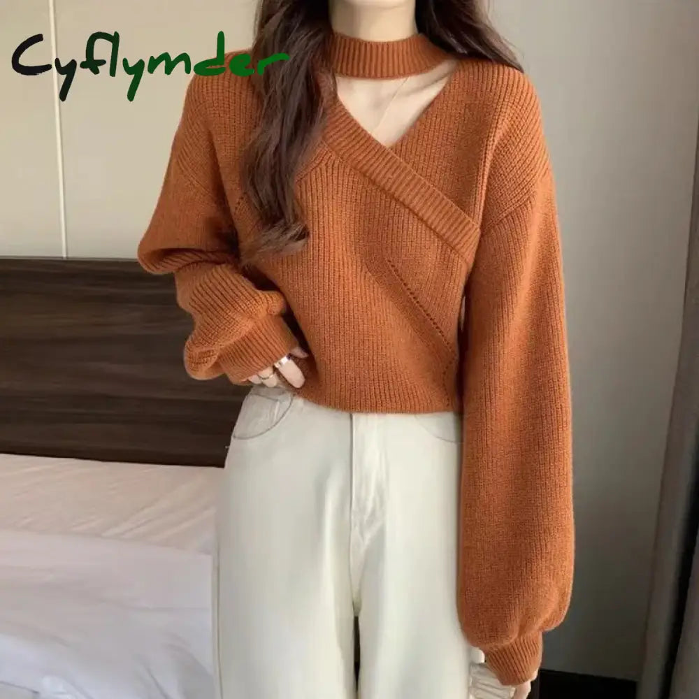 Cyflymder winter club outfits Women Christmas Sweater Autumn Winter Long Sleeved Sweater Warm V-neck Off Shoulder Y
