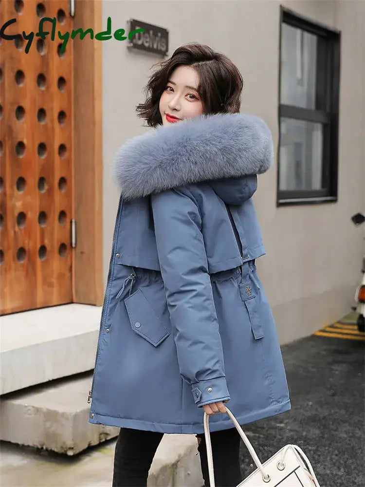 Cyflymder Winter Coat Low Price On Sale Women Beige Add Wool Thick Warmth Fur Hooded Parkas Jacket