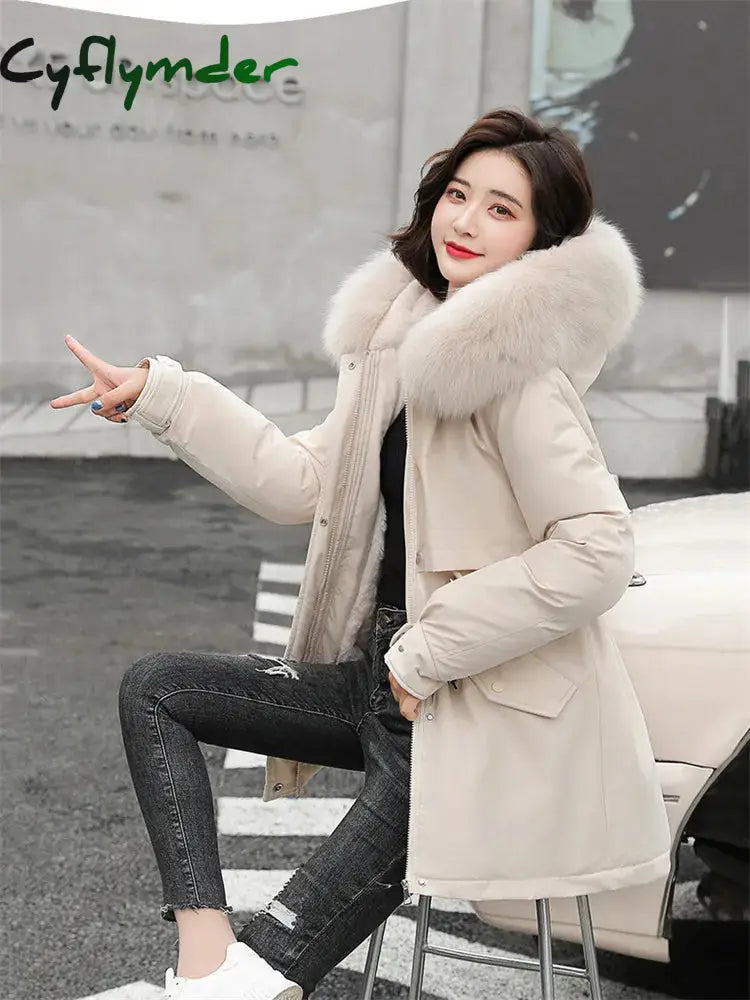 Cyflymder Winter Coat Low Price On Sale Women Beige Add Wool Thick Warmth Fur Hooded Parkas Jacket