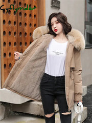 Cyflymder Winter Coat Low Price On Sale Women Beige Add Wool Thick Warmth Fur Hooded Parkas Jacket