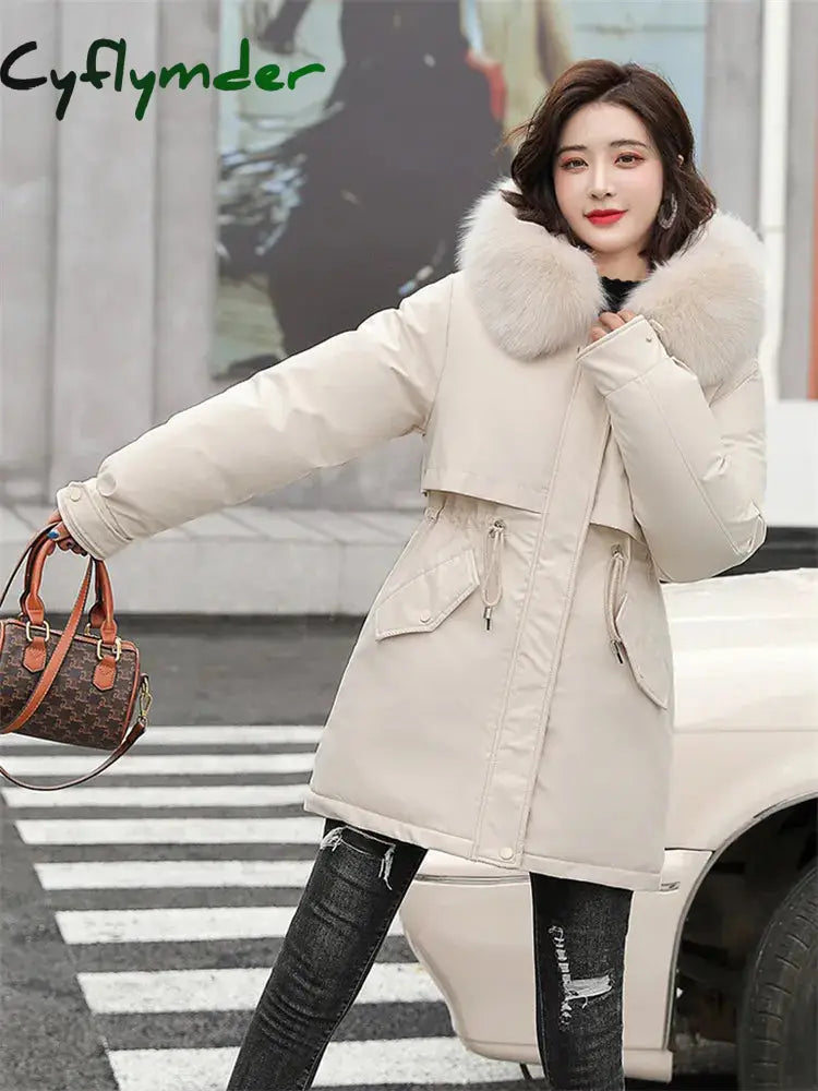 Cyflymder Winter Coat Low Price On Sale Women Beige Add Wool Thick Warmth Fur Hooded Parkas Jacket