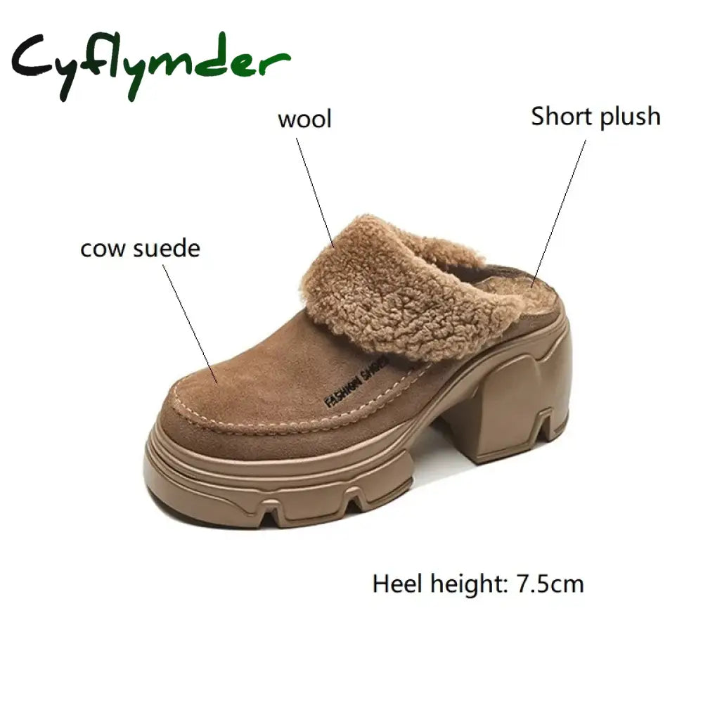 Cyflymder Winter Cow Suede Women Shoes Wool Mules Platform For Round Toe High Heels Slippers Chunky