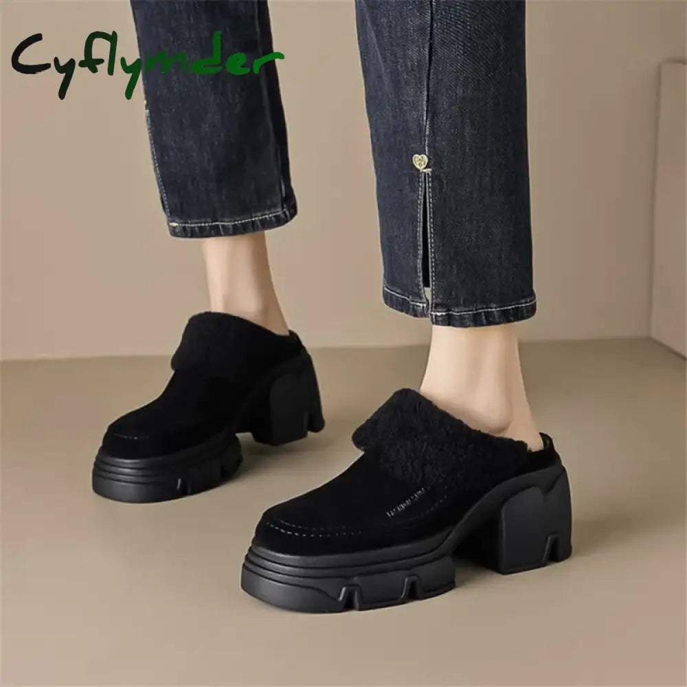 Cyflymder Winter Cow Suede Women Shoes Wool Mules Platform For Round Toe High Heels Slippers Chunky