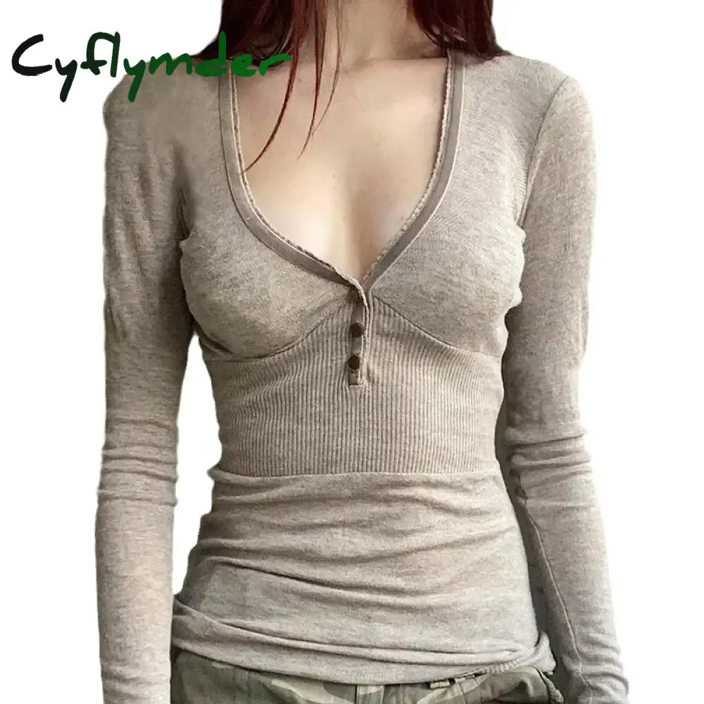 Cyflymder winter fits Crop Tops y2k Aesthetic Fairy Grunge Women Knitted Button Long Sleeve Slim 2000s Aesthetic T