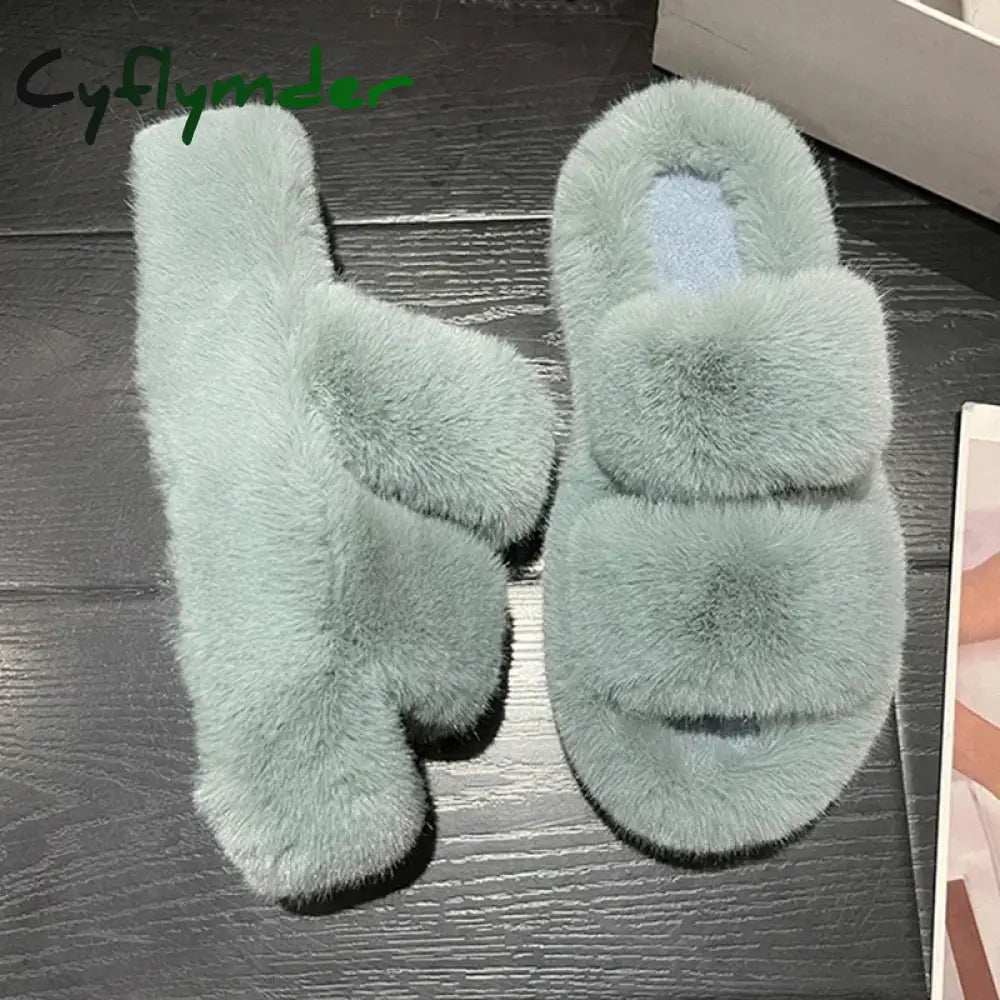 Cyflymder Winter Fluffy Slippers Women New House Home Fur Slippers For Women Flat Platform Cozy Fuzzy Indoor Shoes