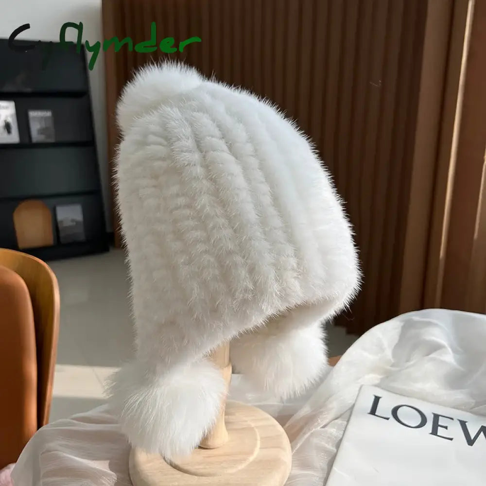 Cyflymder Winter Hot Sale Real Mink Fur Hat For Women Knitted Mink Fur Ear Warm Cap The Spiral Beanies Cap With Fox Fur