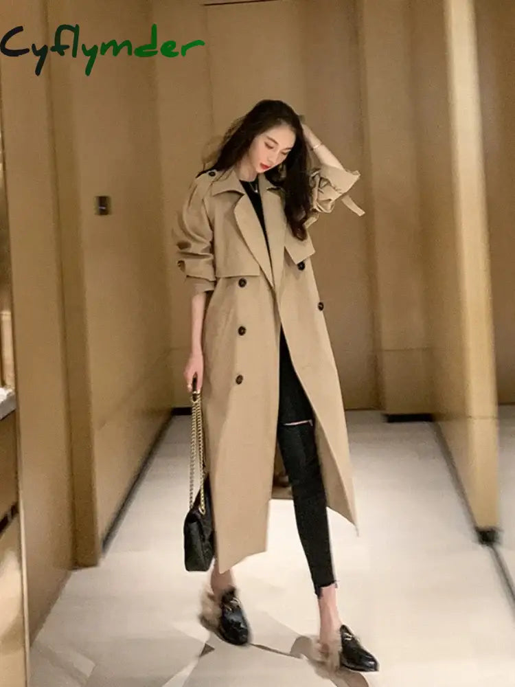 Cyflymder Winter Jacket Trench Coat For Women Clothes Solid Color Lapels Double Row Buttons Long