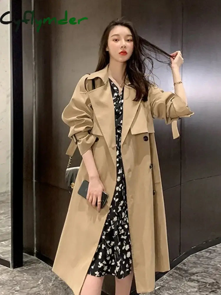 Cyflymder Winter Jacket Trench Coat For Women Clothes Solid Color Lapels Double Row Buttons Long