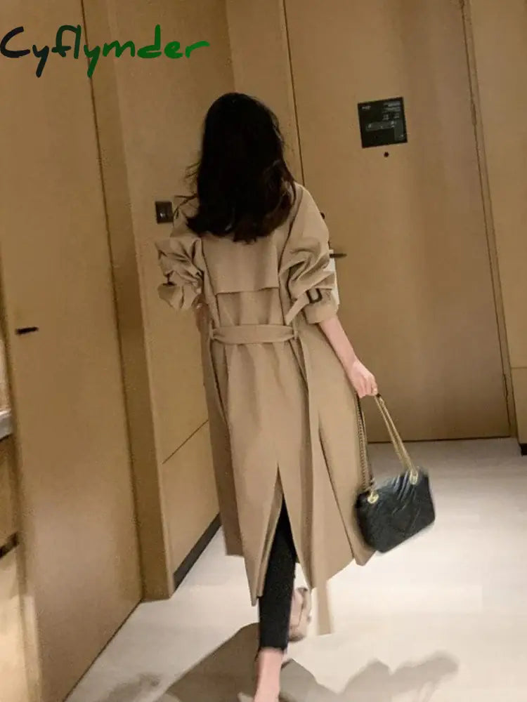 Cyflymder Winter Jacket Trench Coat For Women Clothes Solid Color Lapels Double Row Buttons Long