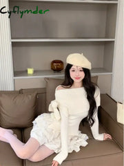 Cyflymder Winter Kawaii Sweet 2 Piece Set Woman Off Shoulder Bow Knitted Tops + Mini Cake Skirt