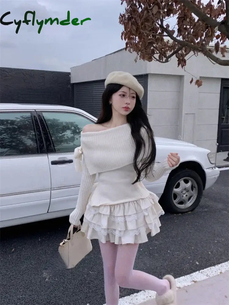 Cyflymder Winter Kawaii Sweet 2 Piece Set Woman Off Shoulder Bow Knitted Tops + Mini Cake Skirt