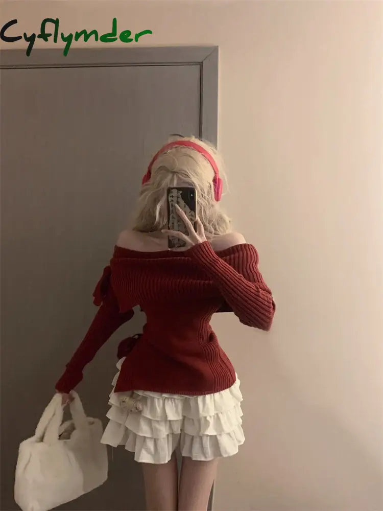 Cyflymder Winter Kawaii Sweet 2 Piece Set Woman Off Shoulder Bow Knitted Tops + Mini Cake Skirt