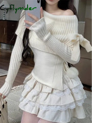Cyflymder Winter Kawaii Sweet 2 Piece Set Woman Off Shoulder Bow Knitted Tops + Mini Cake Skirt
