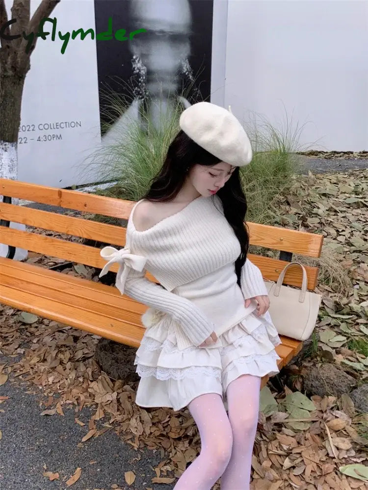Cyflymder Winter Kawaii Sweet 2 Piece Set Woman Off Shoulder Bow Knitted Tops + Mini Cake Skirt